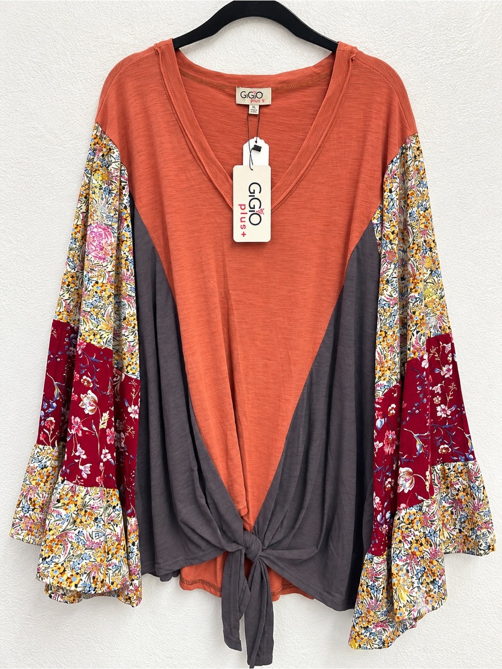 GiGio Plus Rust & Charcoal V-Neck Tie-Front Blouse with Floral Bell Sleeves